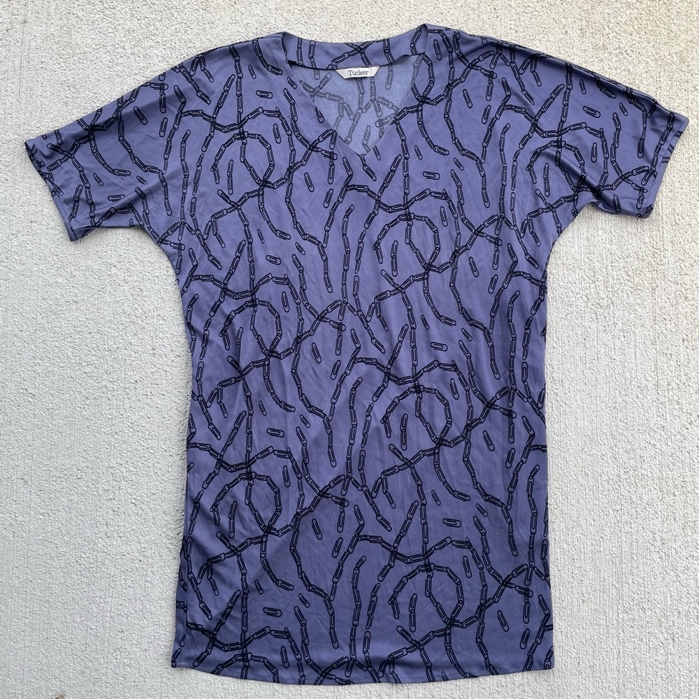Tucker Silk Jersey Mini Dress Chain Print Blue V Neck quiet luxury Art Small